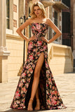 Strapless Corset Mermaid Black Red Floral Prom Dress