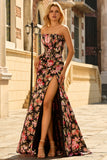 Strapless Corset Mermaid Black Red Floral Prom Dress