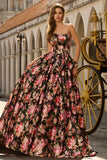 Strapless A Line Black Pink Floral Prom Dress