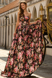 Strapless A Line Black Pink Floral Prom Dress