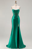 Strapless Dark Green Mermaid Ruched Corset Prom Dress With Slit