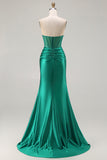 Strapless Dark Green Mermaid Ruched Corset Prom Dress With Slit