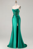 Strapless Dark Green Mermaid Ruched Corset Prom Dress With Slit