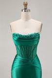 Strapless Dark Green Mermaid Ruched Corset Prom Dress With Slit