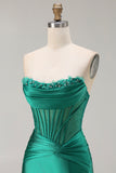 Strapless Dark Green Mermaid Ruched Corset Prom Dress With Slit