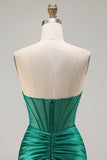 Strapless Dark Green Mermaid Ruched Corset Prom Dress With Slit