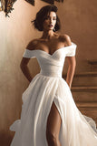 Off The Shoulder White A-Line Wedding Dress With Slit