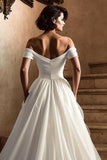 Off The Shoulder White A-Line Wedding Dress With Slit