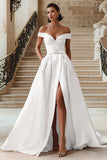 White A-Line Off The Shoulder Wedding Dress With Slit