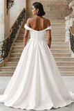 White A-Line Off The Shoulder Wedding Dress With Slit