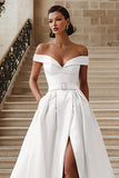 White A-Line Off The Shoulder Wedding Dress With Slit