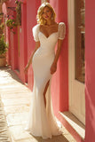 Mermaid Ivory Puff Sleeve Maxi Wedding Dress With Slit