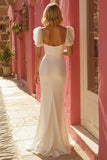 Mermaid Ivory Puff Sleeve Maxi Wedding Dress With Slit