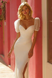 Mermaid Ivory Puff Sleeve Maxi Wedding Dress With Slit