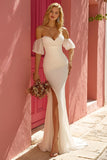 Ivory Off The Shoulder Mermaid Maxi Wedding Dress With Slit