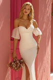 Ivory Off The Shoulder Mermaid Maxi Wedding Dress With Slit