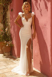 Ivory Mermaid V-Neck Maxi Wedding Dress With Slit
