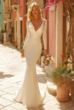 Elegant Ivory Mermaid Satin Maxi Wedding Dress With Long Sleeves