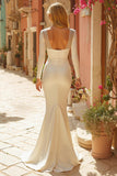 Elegant Ivory Mermaid Satin Maxi Wedding Dress With Long Sleeves