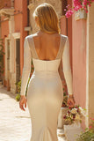 Elegant Ivory Mermaid Satin Maxi Wedding Dress With Long Sleeves
