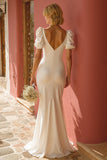 White Mermaid Puff Sleeve Maxi Wedding Dress With Slit