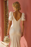 White Mermaid Puff Sleeve Maxi Wedding Dress With Slit