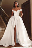 White Off The Shoulder A Line Bridal Gown Dress With Slit