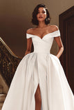 White Off The Shoulder A Line Bridal Gown Dress With Slit