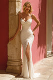 Ivory Mermaid Spaghetti Straps Beaded Maxi Wedding Dress With Slit