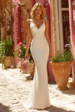 Ivory Spaghetti Straps Mermaid Appliqued Maxi Wedding Dress