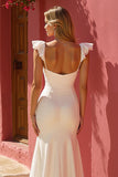 White Mermaid Ruffle Sleeve Maxi Wedding Dress With Slit