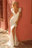 Mermaid V-Neck Ivory Floor Length Wedding Dress With Slit
