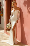 Off The Shoulder White Long Sleeve Mermaid Wedding Dress With Slit