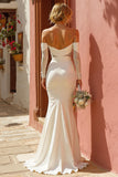 Off The Shoulder White Long Sleeve Mermaid Wedding Dress With Slit