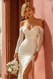 Off The Shoulder White Long Sleeve Mermaid Wedding Dress With Slit