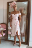 Off The Shoulder Candy Pink Ruched Midi Mother Of The Bride Dress With Slit