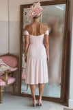 Off The Shoulder Candy Pink Ruched Midi Mother Of The Bride Dress With Slit