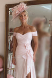 Off The Shoulder Candy Pink Ruched Midi Mother Of The Bride Dress With Slit