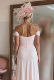 Off The Shoulder Candy Pink Ruched Midi Mother Of The Bride Dress With Slit