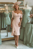 Blush Pink Ruched Asymmetrical Neck Midi Mother Of The Bride Dress