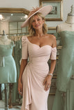 Blush Pink Ruched Asymmetrical Neck Midi Mother Of The Bride Dress
