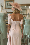 Blush Pink Ruched Asymmetrical Neck Midi Mother Of The Bride Dress