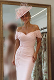 Blush Pink Off The Shoulder Midi Mother Of The Bride Dress With Appliques