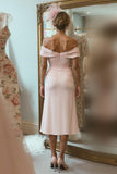 Blush Pink Off The Shoulder Midi Mother Of The Bride Dress With Slit