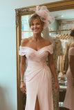 Blush Pink Off The Shoulder Midi Mother Of The Bride Dress With Slit