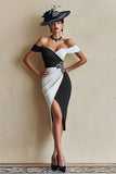 Off The Shoulder Bodycon Black and White Mother Of The Bride Dress With Slit