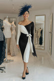 Black and White Long Sleeve Midi Mother Of The Bride Dress With Sash