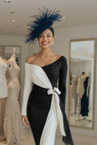 Black and White Long Sleeve Midi Mother Of The Bride Dress With Sash