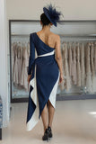 One Shoulder White Navy Bodycon Mother Of The Bride Dress With Sash