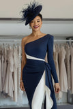 One Shoulder White Navy Bodycon Mother Of The Bride Dress With Sash